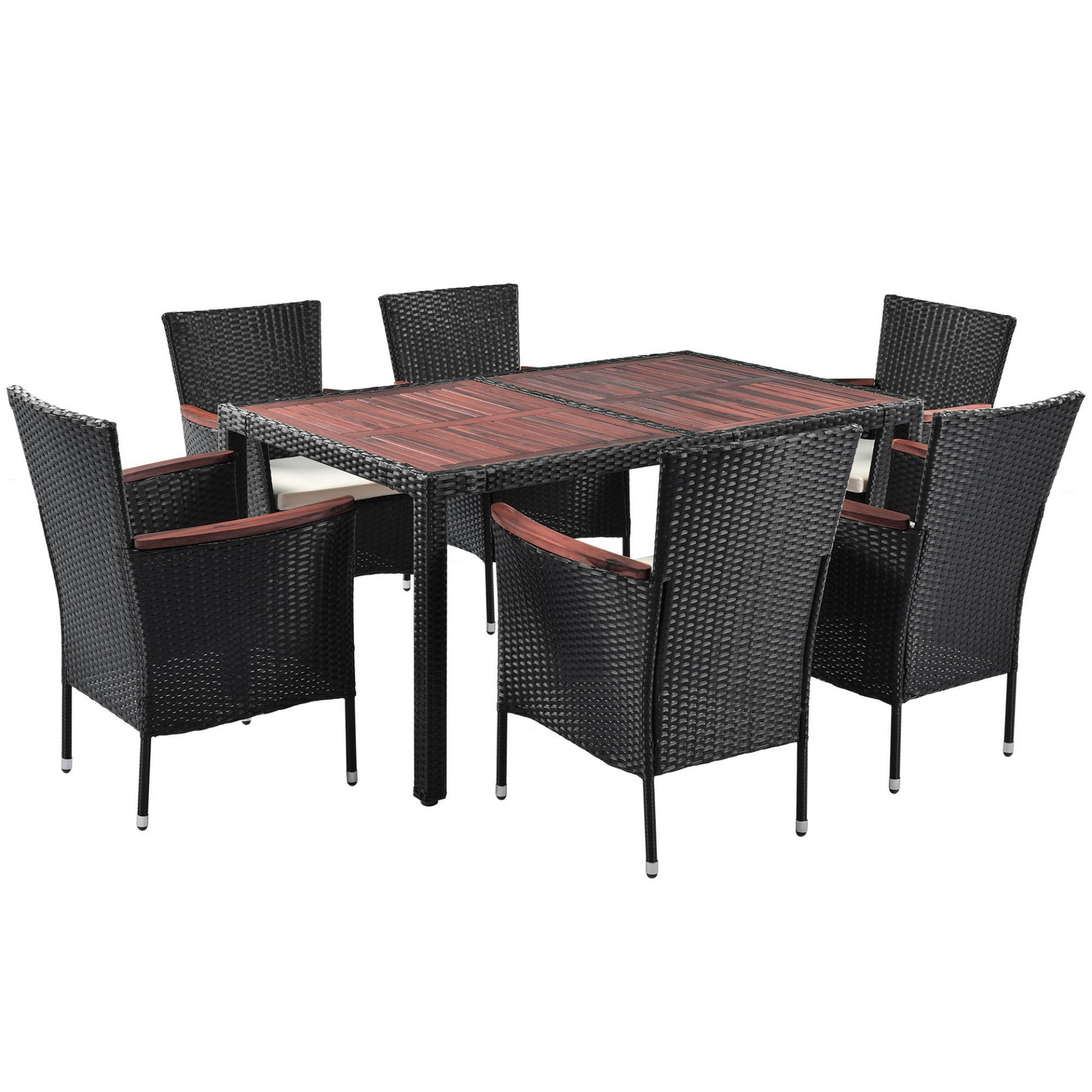 Patio Furntiure Sets | 7-Piece Outdoor Patio Dining Set, Garden PE Rattan Wicker Dining Table and Chairs Set, Acacia Wood Tabletop, Stackable Armrest Chairs with Cushions, Reddish-brown | casafoyer.myshopify.com