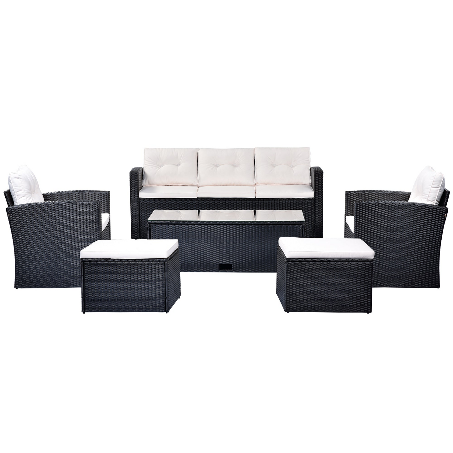 Patio Furntiure Sets | 6-piece All-Weather Wicker PE rattan Patio Outdoor Dining Conversation Sectional Set with coffee table, wicker sofas, ottomans, removable cushions (Black wicker, Beige cushion) | casafoyer.myshopify.com