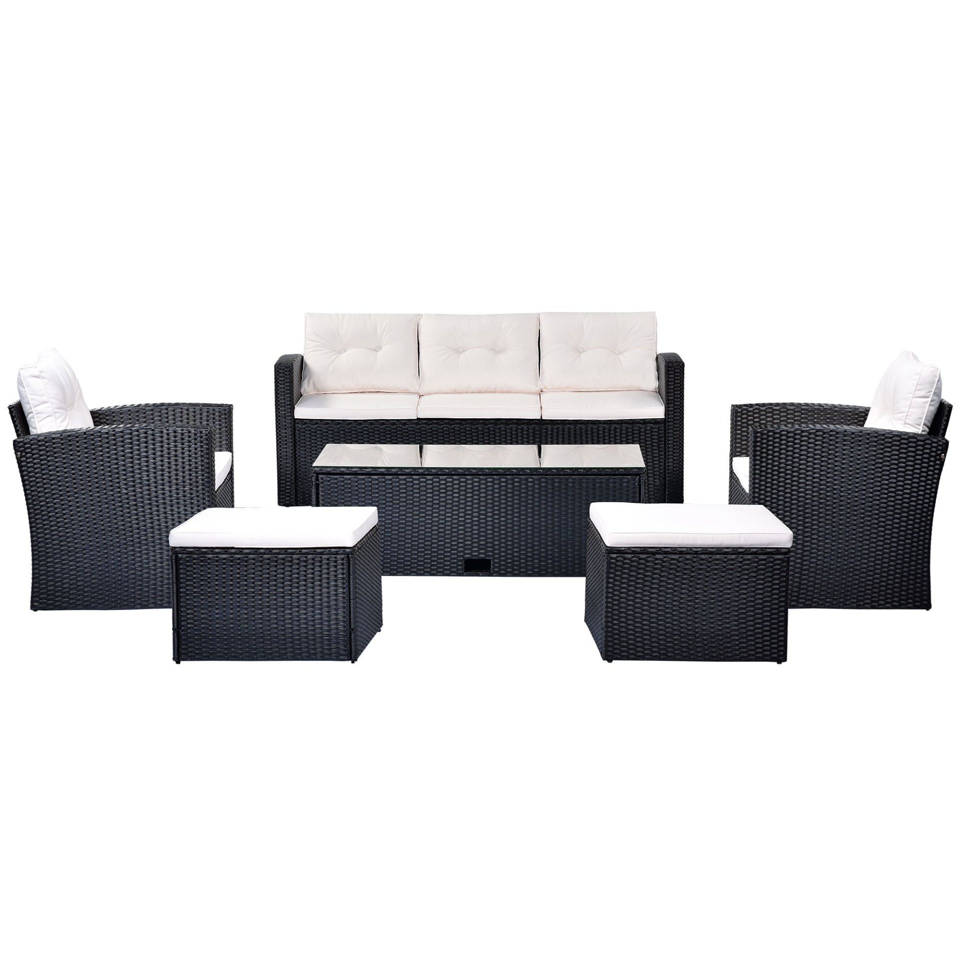 Patio Furntiure Sets | 6-piece All-Weather Wicker PE rattan Patio Outdoor Dining Conversation Sectional Set with coffee table, wicker sofas, ottomans, removable cushions (Black wicker, Beige cushion) | casafoyer.myshopify.com