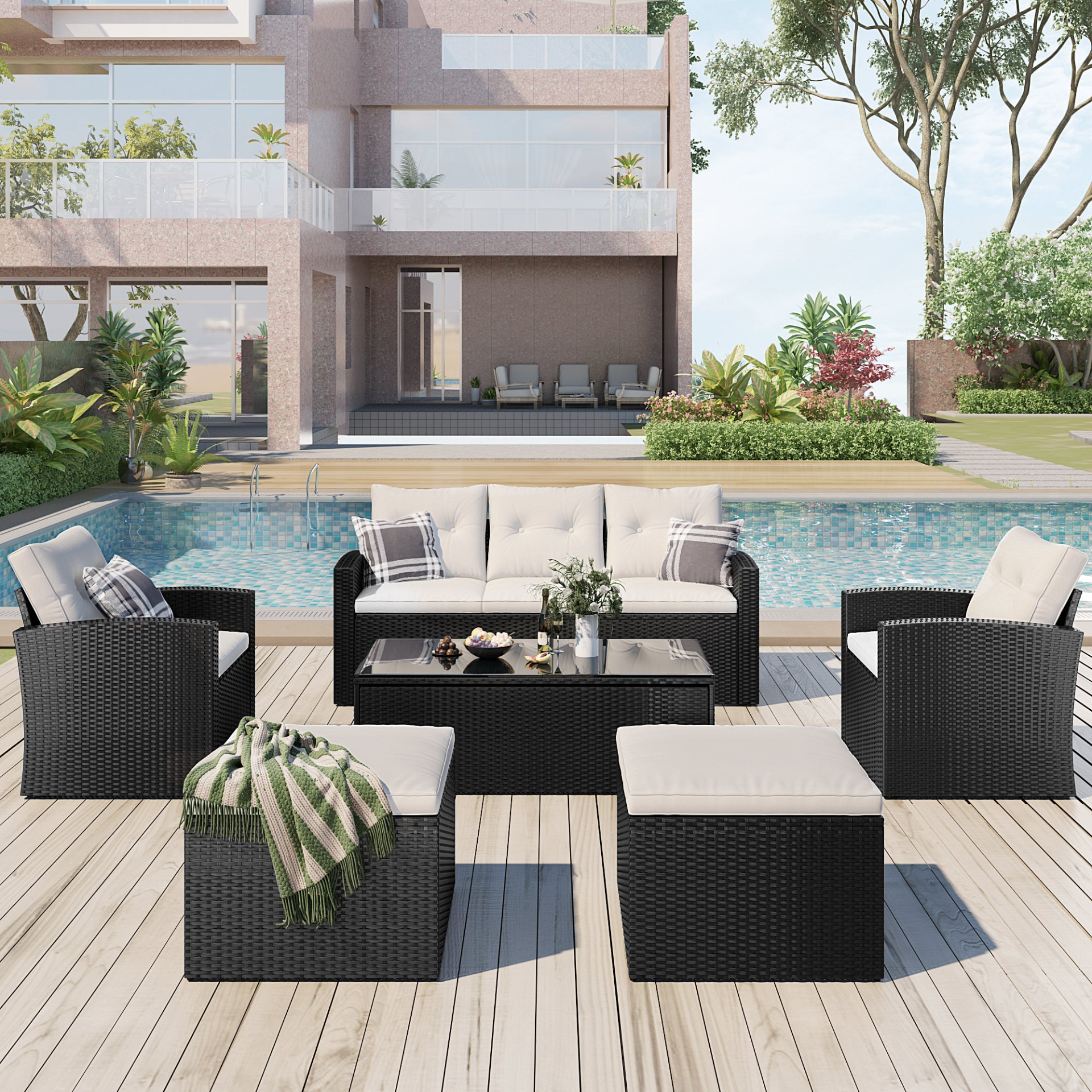 Patio Furntiure Sets | 6-piece All-Weather Wicker PE rattan Patio Outdoor Dining Conversation Sectional Set with coffee table, wicker sofas, ottomans, removable cushions (Black wicker, Beige cushion) | casafoyer.myshopify.com