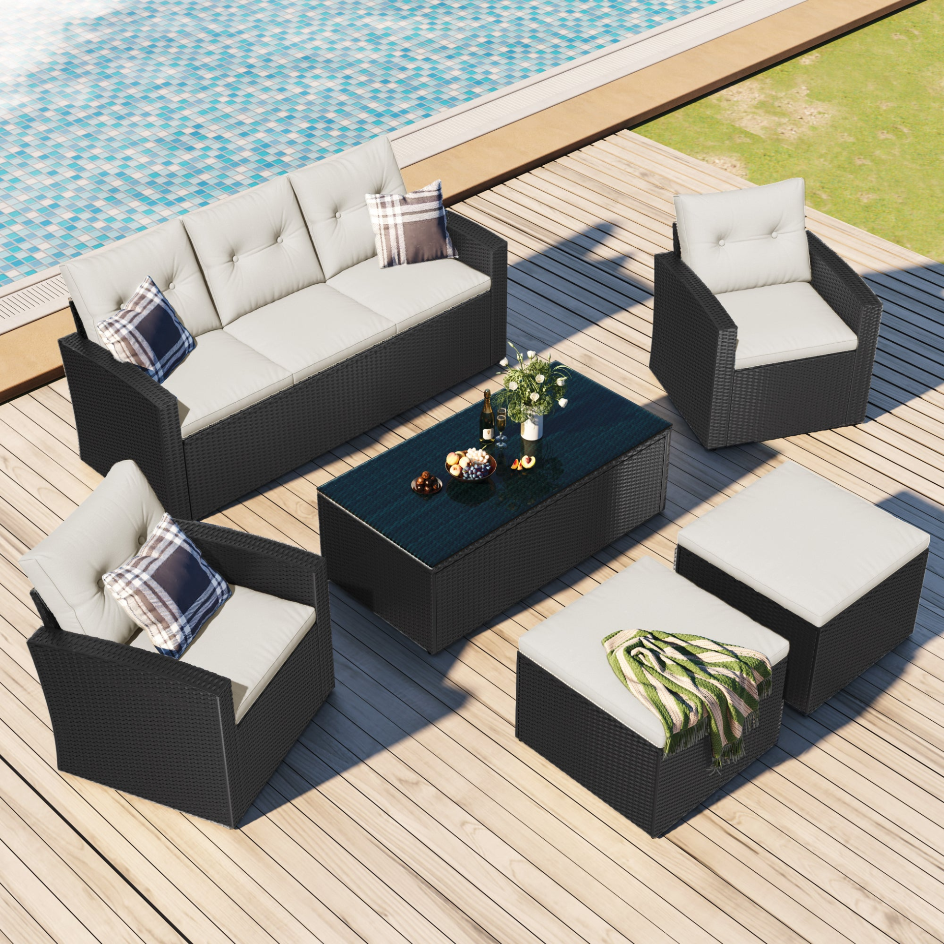 Patio Furntiure Sets | 6-piece All-Weather Wicker PE rattan Patio Outdoor Dining Conversation Sectional Set with coffee table, wicker sofas, ottomans, removable cushions (Black wicker, Beige cushion) | casafoyer.myshopify.com