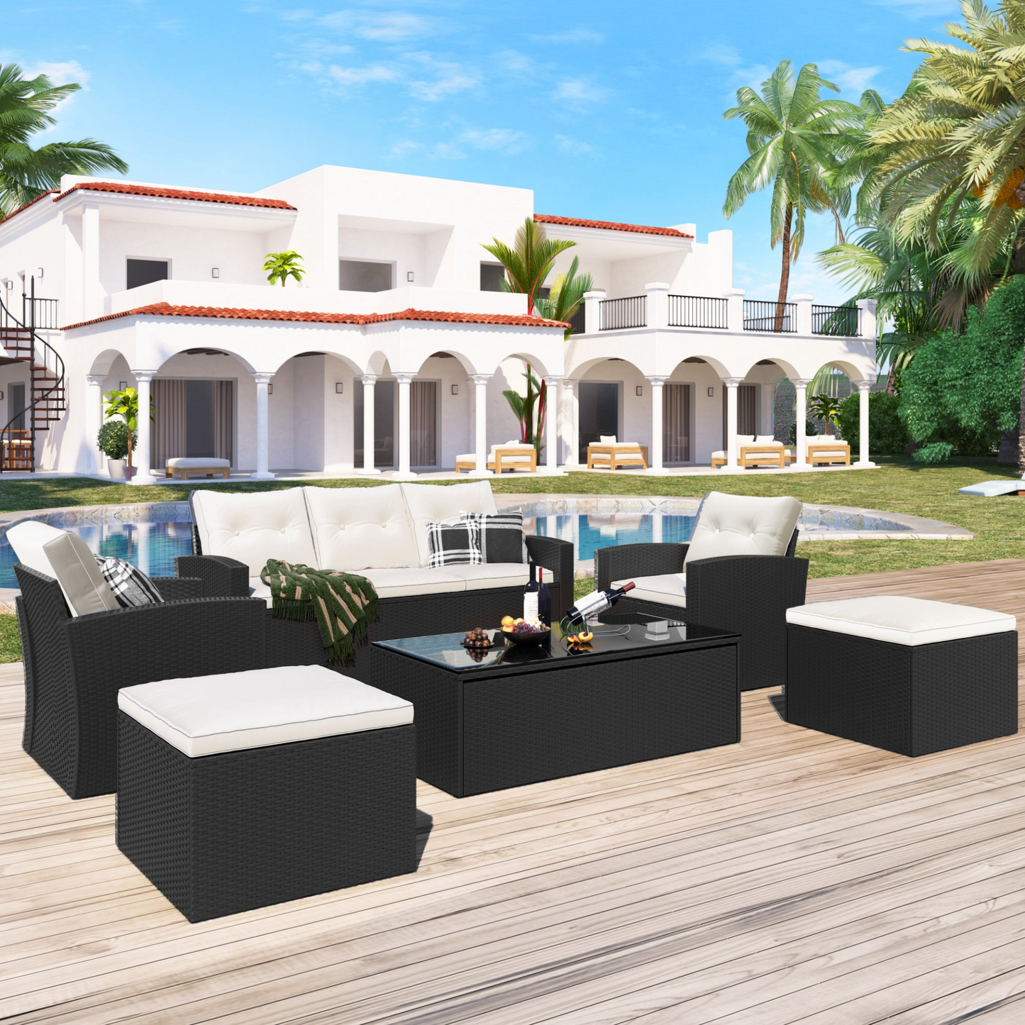 Patio Furntiure Sets | 6-piece All-Weather Wicker PE rattan Patio Outdoor Dining Conversation Sectional Set with coffee table, wicker sofas, ottomans, removable cushions (Black wicker, Beige cushion) | casafoyer.myshopify.com