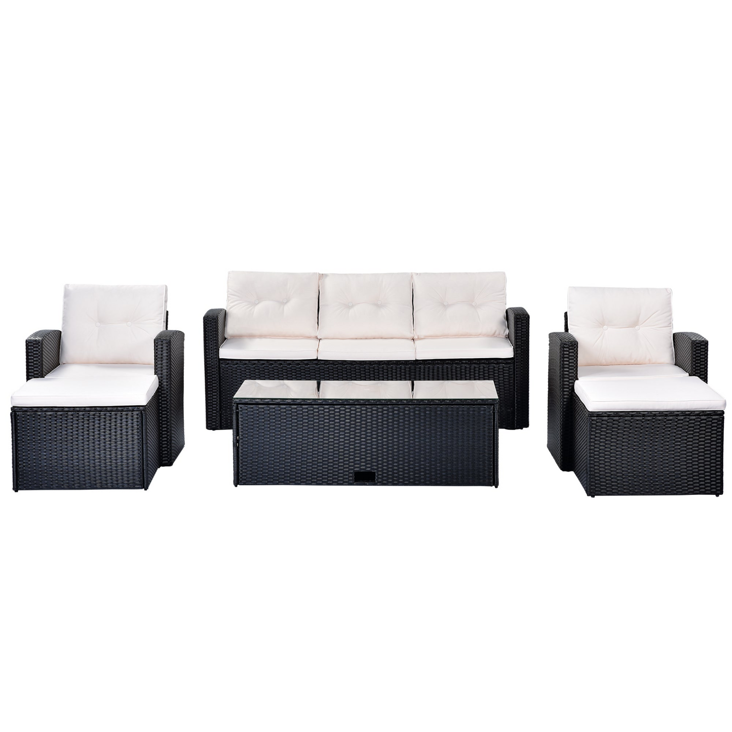 Patio Furntiure Sets | 6-piece All-Weather Wicker PE rattan Patio Outdoor Dining Conversation Sectional Set with coffee table, wicker sofas, ottomans, removable cushions (Black wicker, Beige cushion) | casafoyer.myshopify.com