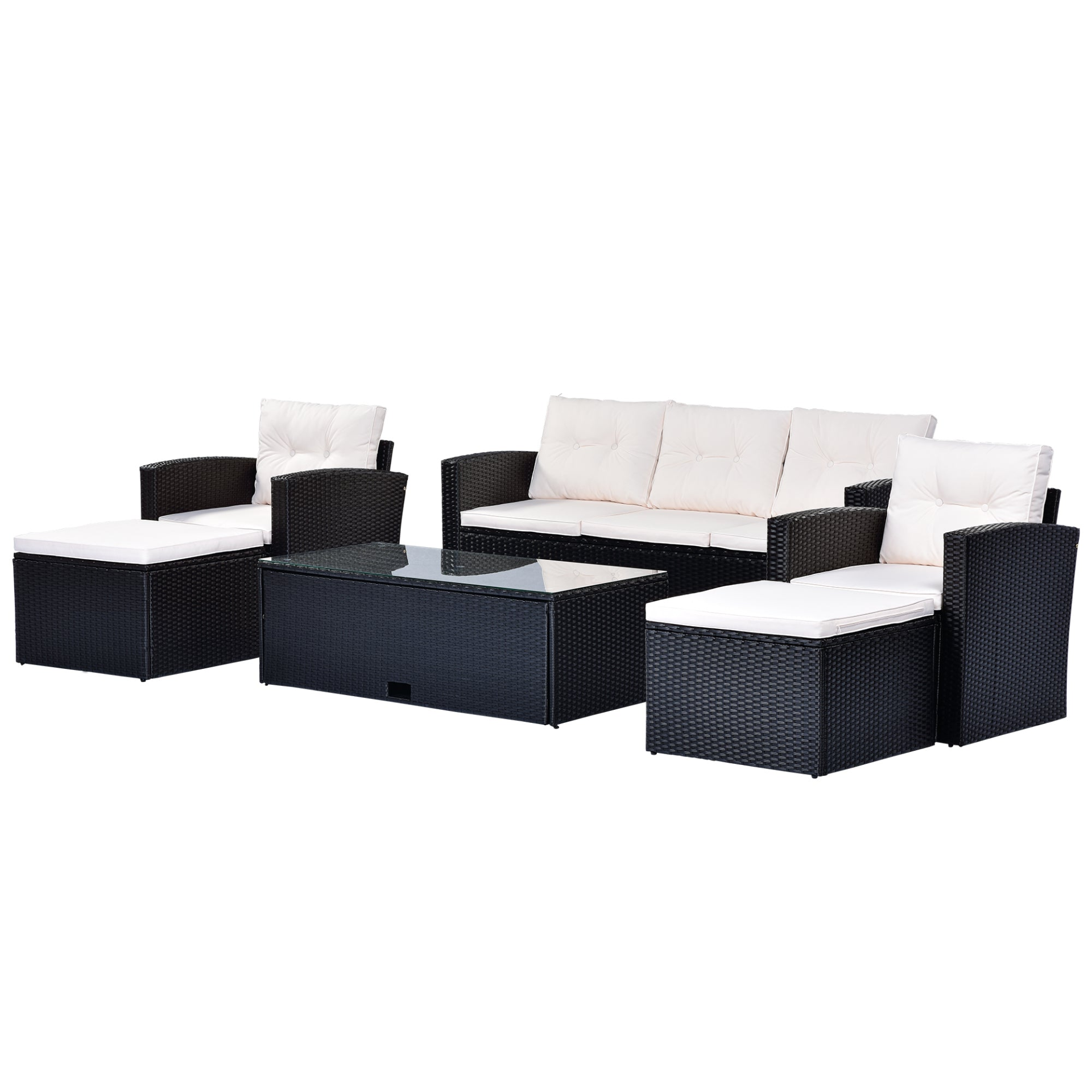 Patio Furntiure Sets | 6-piece All-Weather Wicker PE rattan Patio Outdoor Dining Conversation Sectional Set with coffee table, wicker sofas, ottomans, removable cushions (Black wicker, Beige cushion) | casafoyer.myshopify.com