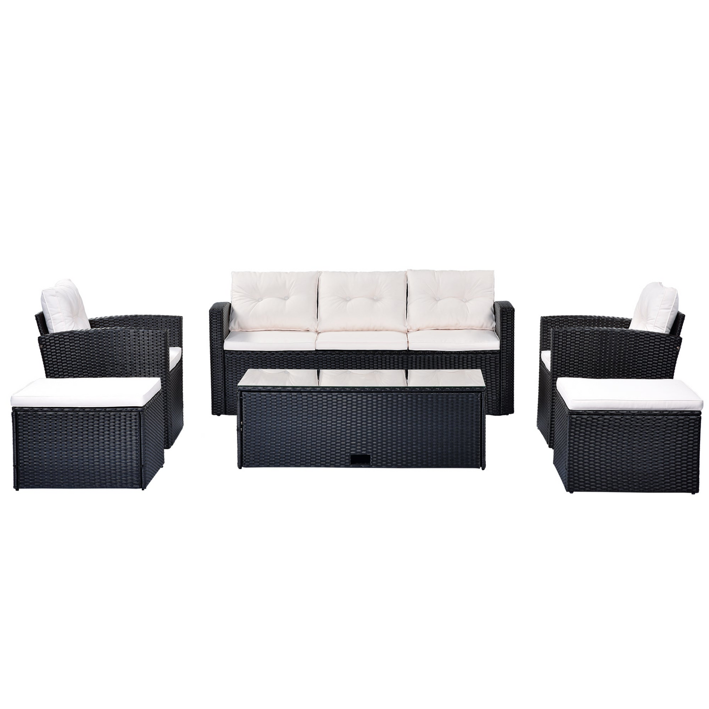 Patio Furntiure Sets | 6-piece All-Weather Wicker PE rattan Patio Outdoor Dining Conversation Sectional Set with coffee table, wicker sofas, ottomans, removable cushions (Black wicker, Beige cushion) | casafoyer.myshopify.com