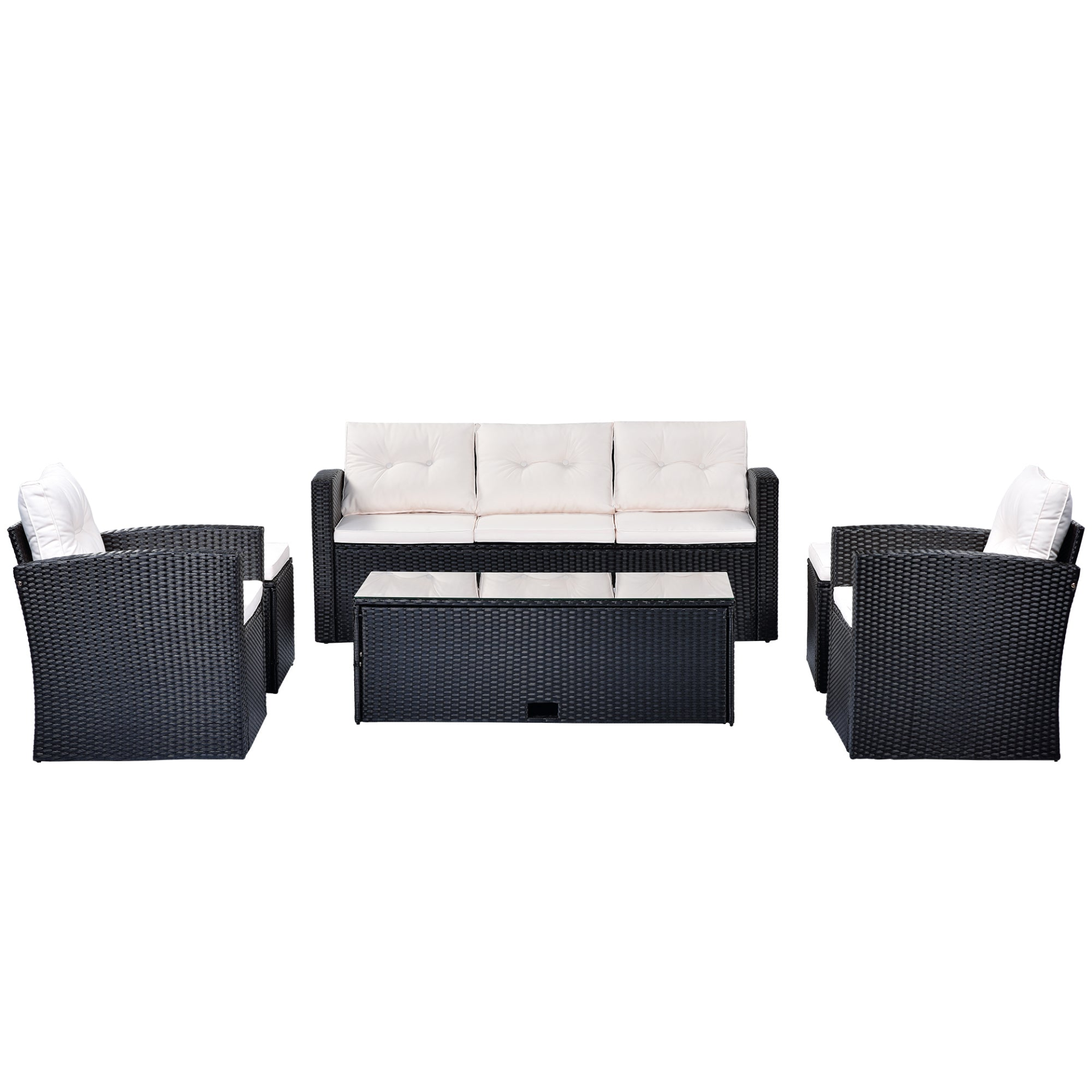 Patio Furntiure Sets | 6-piece All-Weather Wicker PE rattan Patio Outdoor Dining Conversation Sectional Set with coffee table, wicker sofas, ottomans, removable cushions (Black wicker, Beige cushion) | casafoyer.myshopify.com