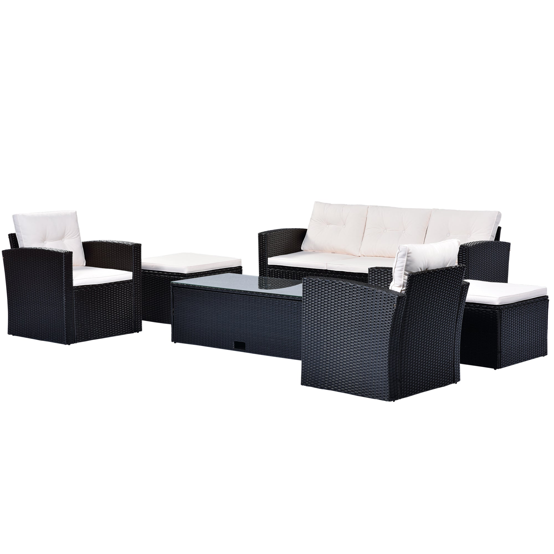 Patio Furntiure Sets | 6-piece All-Weather Wicker PE rattan Patio Outdoor Dining Conversation Sectional Set with coffee table, wicker sofas, ottomans, removable cushions (Black wicker, Beige cushion) | casafoyer.myshopify.com