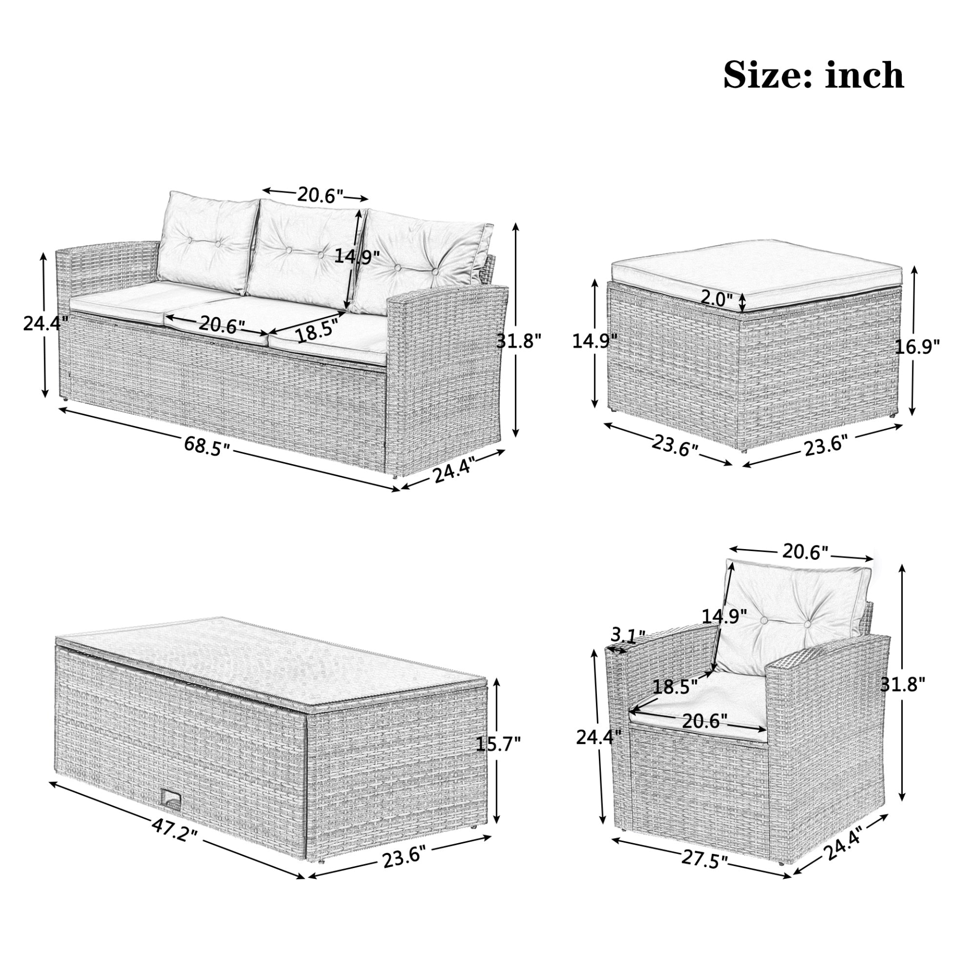 Patio Furntiure Sets | 6-piece All-Weather Wicker PE rattan Patio Outdoor Dining Conversation Sectional Set with coffee table, wicker sofas, ottomans, removable cushions (Black wicker, Beige cushion) | casafoyer.myshopify.com