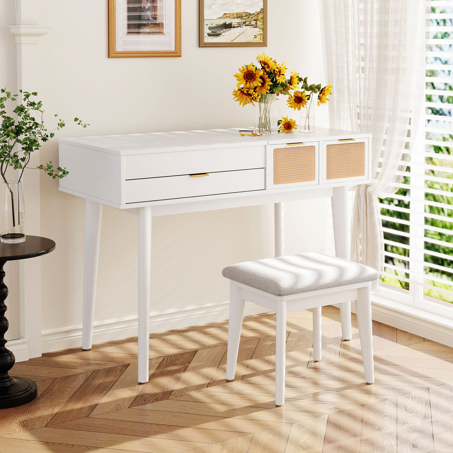 DRESSER | Classic Wood Makeup Vanity Set with Flip-top Mirror and Stool, Dressing Table with Three Drawers and storage space, White | casafoyer.myshopify.com