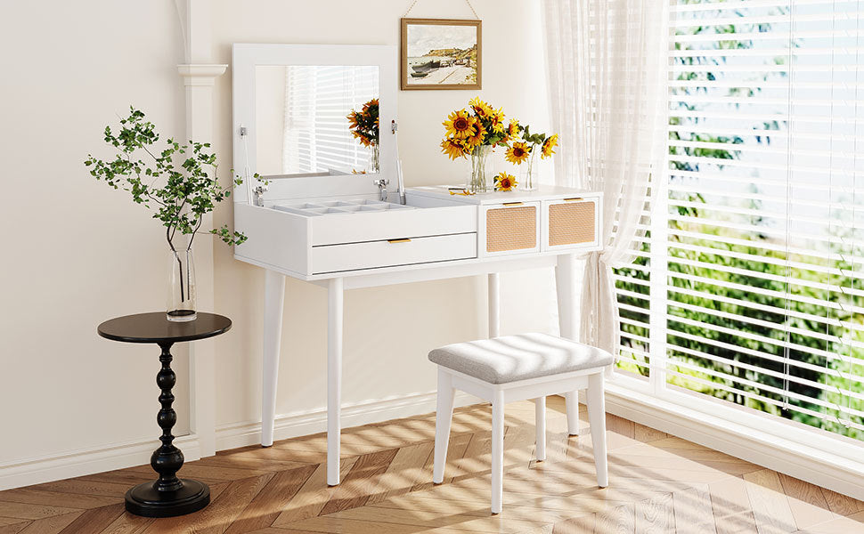 DRESSER | Classic Wood Makeup Vanity Set with Flip-top Mirror and Stool, Dressing Table with Three Drawers and storage space, White | casafoyer.myshopify.com