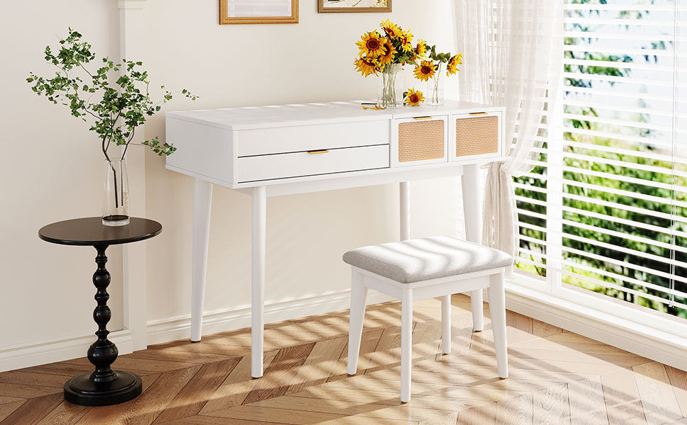 DRESSER | Classic Wood Makeup Vanity Set with Flip-top Mirror and Stool, Dressing Table with Three Drawers and storage space, White | casafoyer.myshopify.com