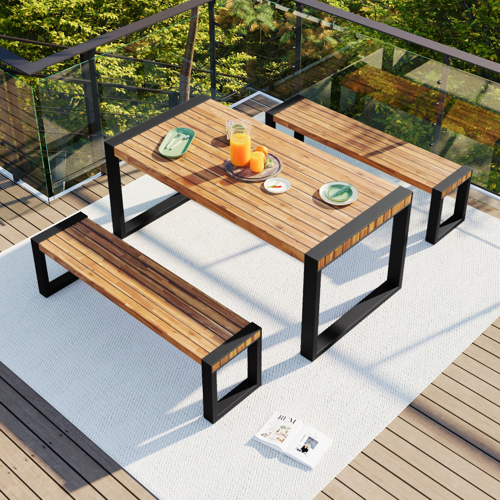 Patio Furntiure Sets | 3-Piece Outdoor Dining Table Set with 2 Benches | Patio Dining Set | casafoyer.myshopify.com