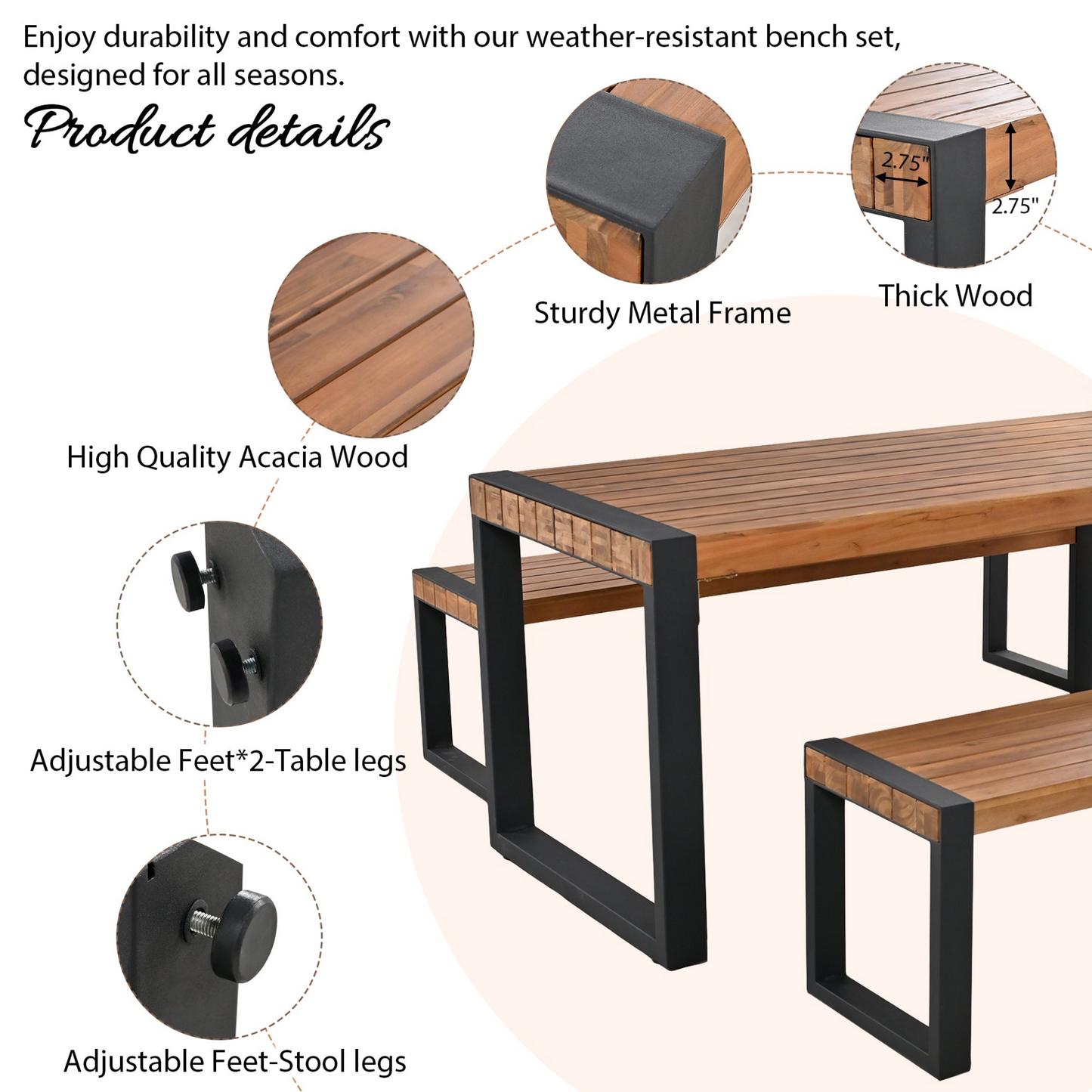 Patio Furntiure Sets | 3-Piece Outdoor Dining Table Set with 2 Benches | Patio Dining Set | casafoyer.myshopify.com