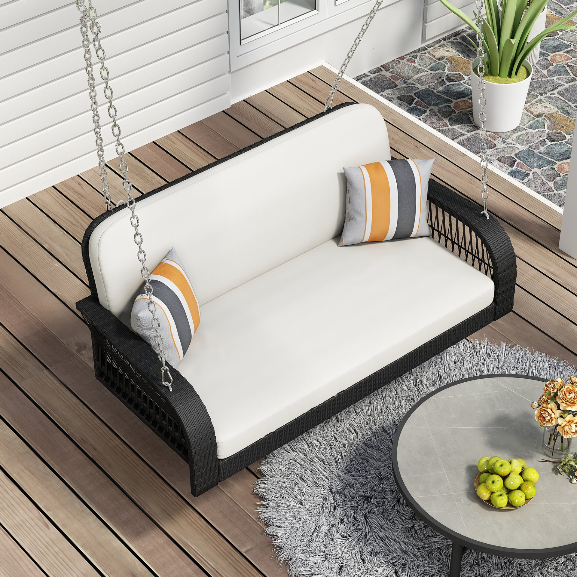 Patio Furntiure Sets | PE Wicker Porch Swing, 2-Seater Hanging Bench With Chains, Patio Furniture Swing For Backyard Garden Poolside, Black And Beige | casafoyer.myshopify.com