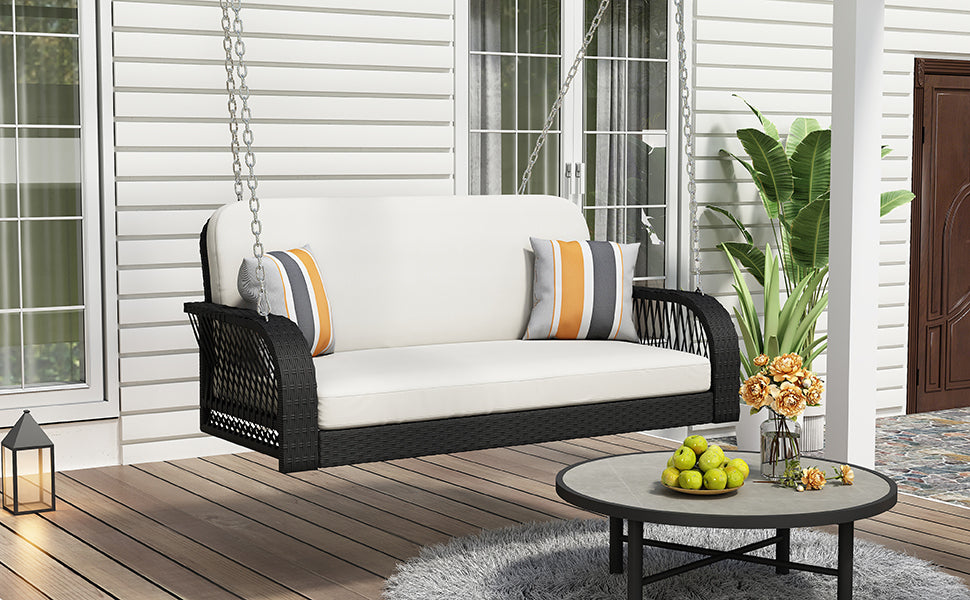 Patio Furntiure Sets | PE Wicker Porch Swing, 2-Seater Hanging Bench With Chains, Patio Furniture Swing For Backyard Garden Poolside, Black And Beige | casafoyer.myshopify.com