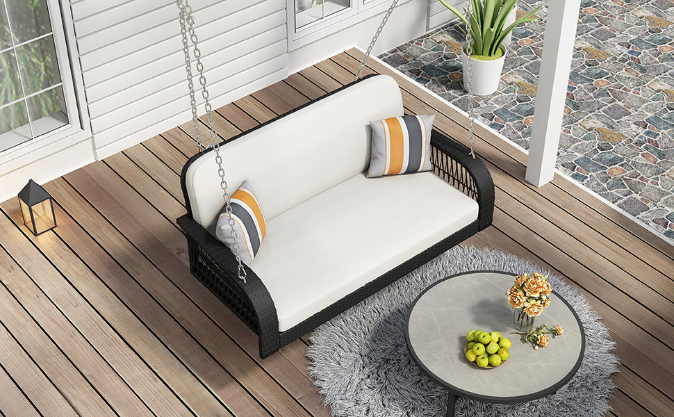 Patio Furntiure Sets | PE Wicker Porch Swing, 2-Seater Hanging Bench With Chains, Patio Furniture Swing For Backyard Garden Poolside, Black And Beige | casafoyer.myshopify.com