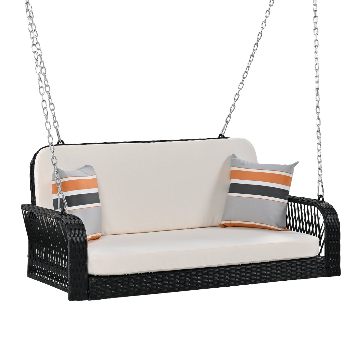 Patio Furntiure Sets | PE Wicker Porch Swing, 2-Seater Hanging Bench With Chains, Patio Furniture Swing For Backyard Garden Poolside, Black And Beige | casafoyer.myshopify.com