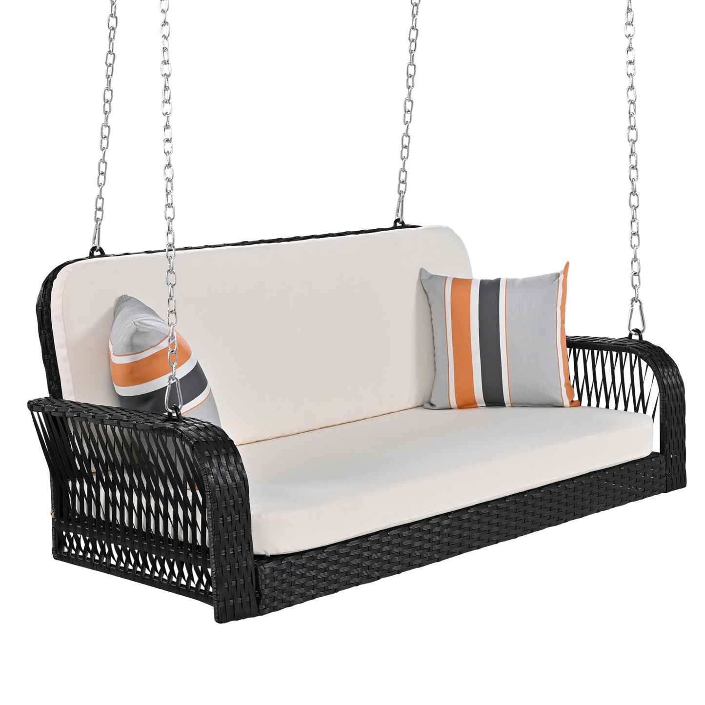 Patio Furntiure Sets | PE Wicker Porch Swing, 2-Seater Hanging Bench With Chains, Patio Furniture Swing For Backyard Garden Poolside, Black And Beige | casafoyer.myshopify.com