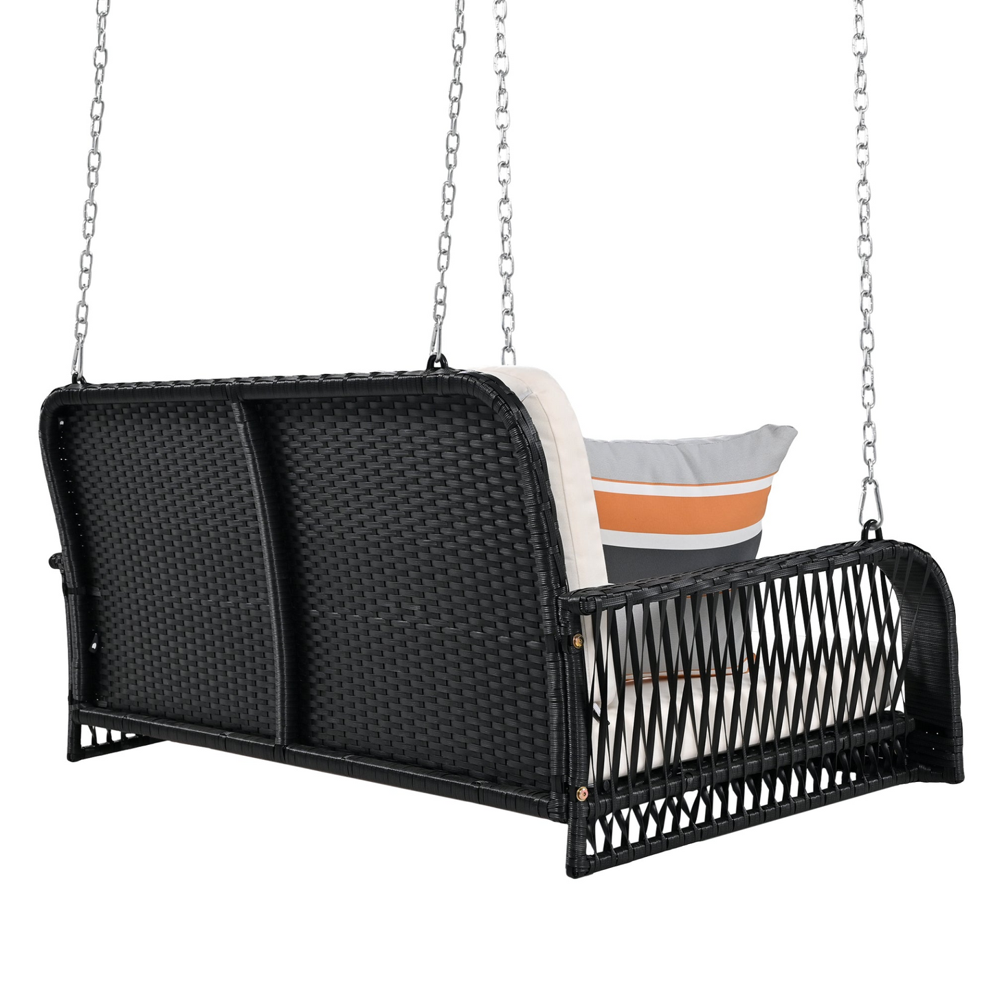 Patio Furntiure Sets | PE Wicker Porch Swing, 2-Seater Hanging Bench With Chains, Patio Furniture Swing For Backyard Garden Poolside, Black And Beige | casafoyer.myshopify.com