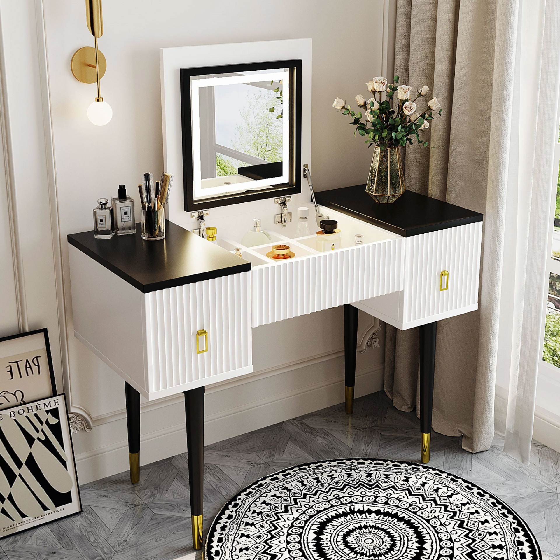 [product_type] | 43.3" Modern Vanity Table Set with Flip-top Mirror and LED Light, Dressing Table with Customizable Storage, White and Black | casafoyer.myshopify.com