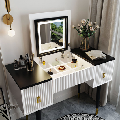 [product_type] | 43.3" Modern Vanity Table Set with Flip-top Mirror and LED Light, Dressing Table with Customizable Storage, White and Black | casafoyer.myshopify.com