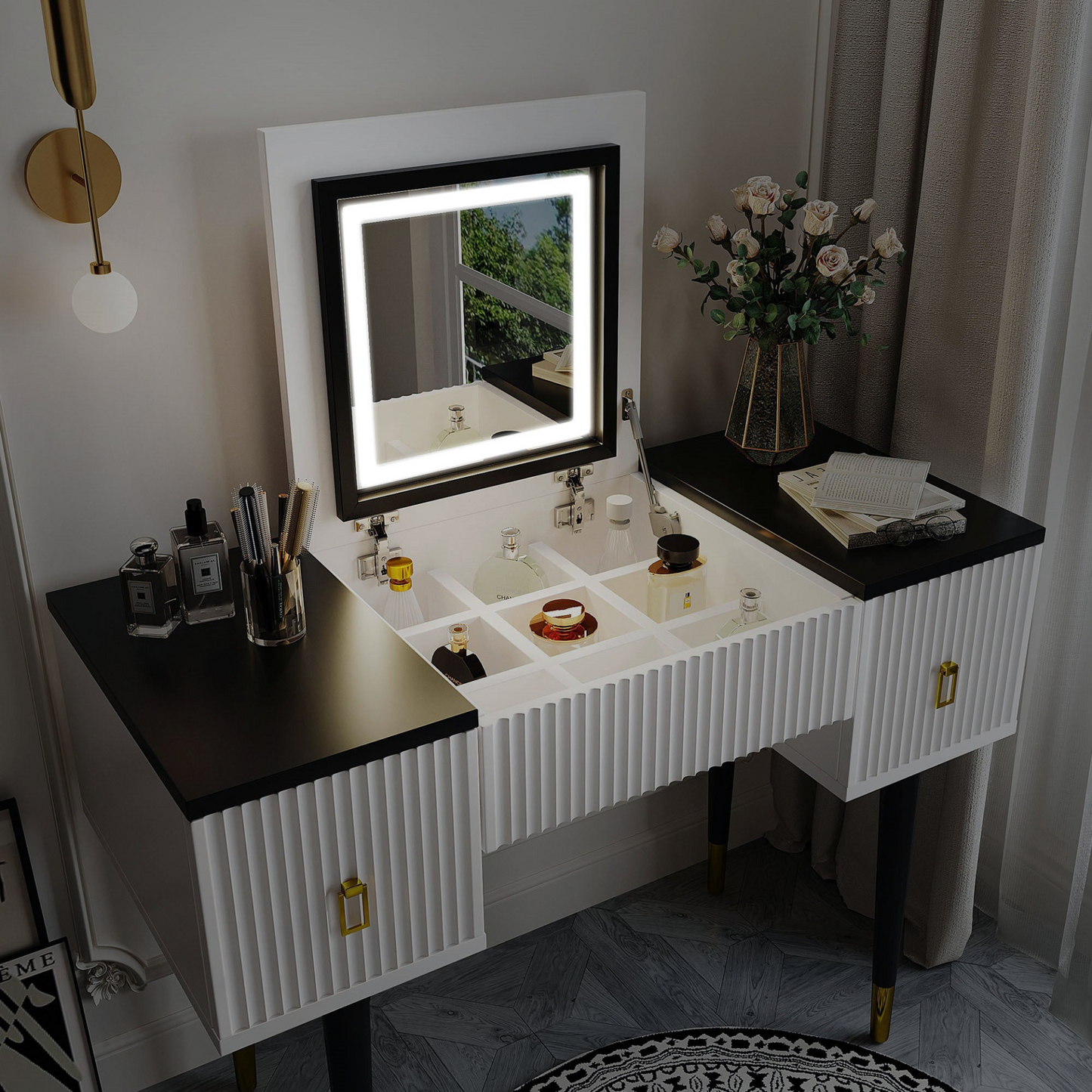 [product_type] | 43.3" Modern Vanity Table Set with Flip-top Mirror and LED Light, Dressing Table with Customizable Storage, White and Black | casafoyer.myshopify.com