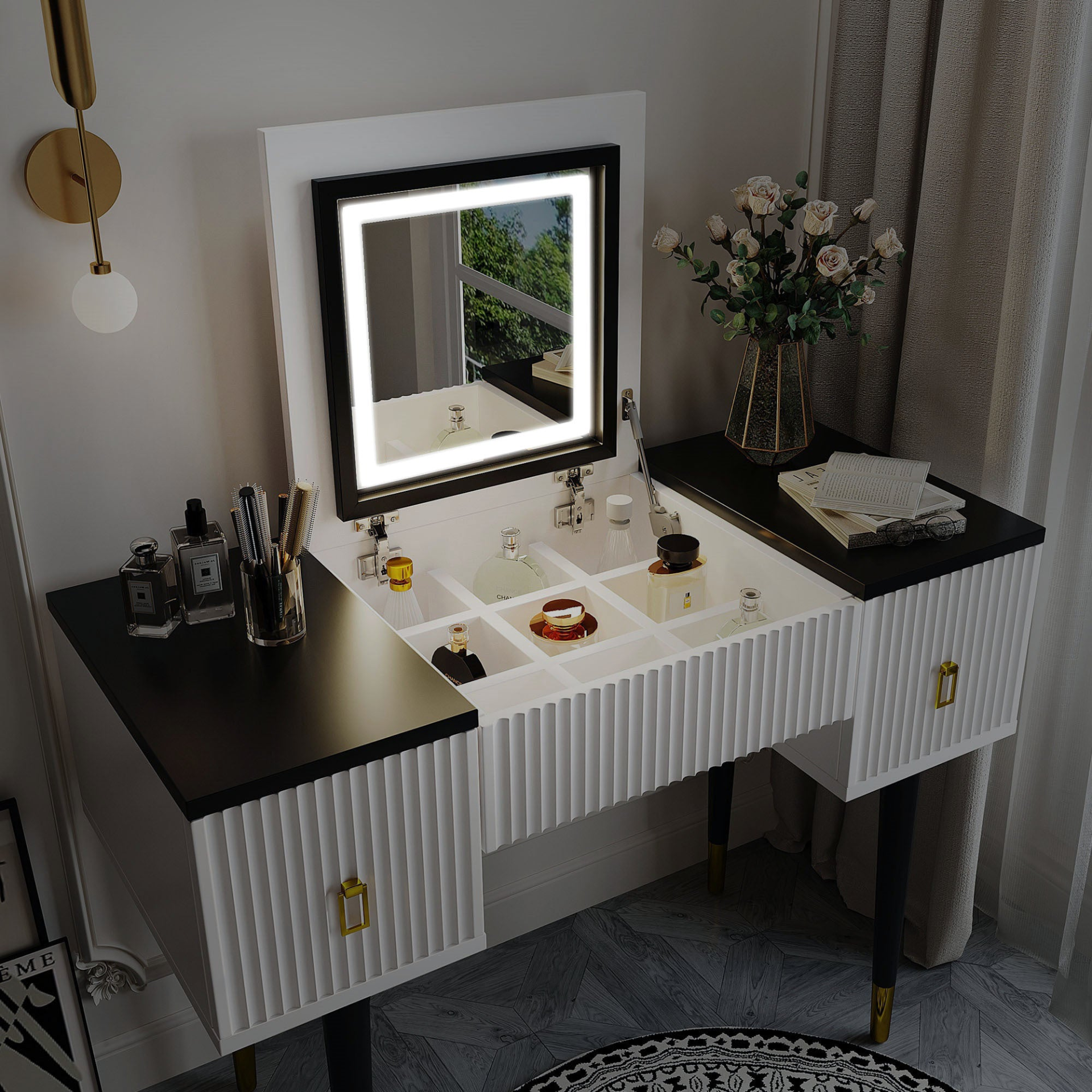 [product_type] | 43.3" Modern Vanity Table Set with Flip-top Mirror and LED Light, Dressing Table with Customizable Storage, White and Black | casafoyer.myshopify.com