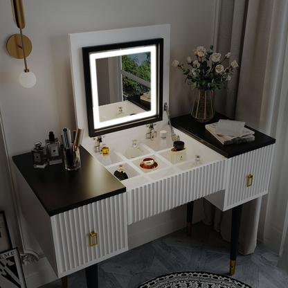 [product_type] | 43.3" Modern Vanity Table Set with Flip-top Mirror and LED Light, Dressing Table with Customizable Storage, White and Black | casafoyer.myshopify.com