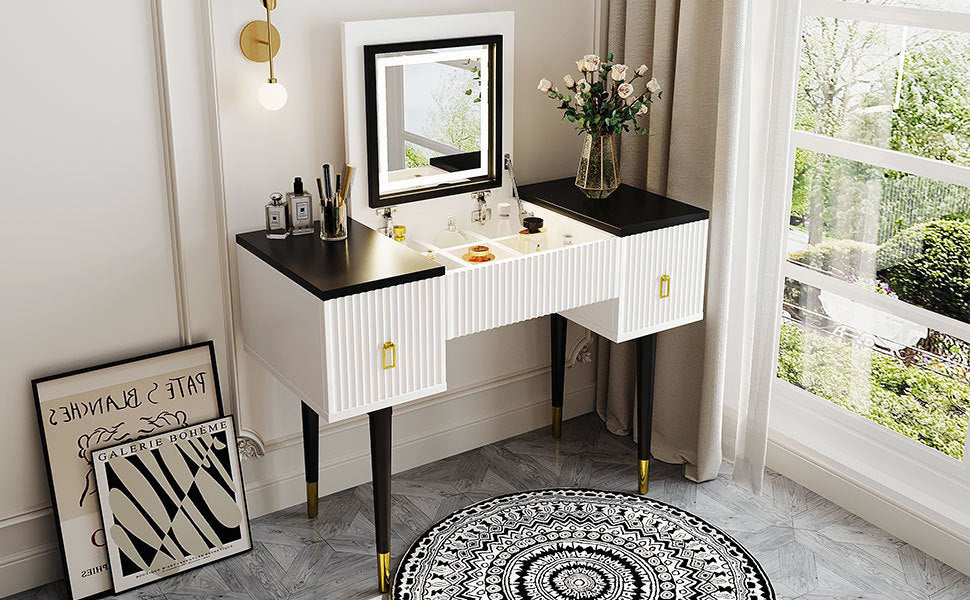 [product_type] | 43.3" Modern Vanity Table Set with Flip-top Mirror and LED Light, Dressing Table with Customizable Storage, White and Black | casafoyer.myshopify.com