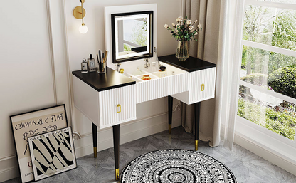 [product_type] | 43.3" Modern Vanity Table Set with Flip-top Mirror and LED Light, Dressing Table with Customizable Storage, White and Black | casafoyer.myshopify.com