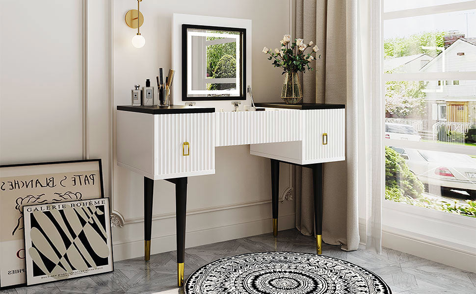 [product_type] | 43.3" Modern Vanity Table Set with Flip-top Mirror and LED Light, Dressing Table with Customizable Storage, White and Black | casafoyer.myshopify.com
