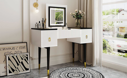 [product_type] | 43.3" Modern Vanity Table Set with Flip-top Mirror and LED Light, Dressing Table with Customizable Storage, White and Black | casafoyer.myshopify.com