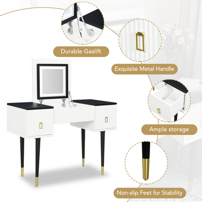 [product_type] | 43.3" Modern Vanity Table Set with Flip-top Mirror and LED Light, Dressing Table with Customizable Storage, White and Black | casafoyer.myshopify.com