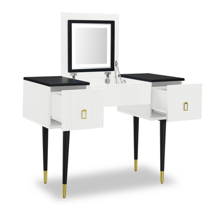 [product_type] | 43.3" Modern Vanity Table Set with Flip-top Mirror and LED Light, Dressing Table with Customizable Storage, White and Black | casafoyer.myshopify.com