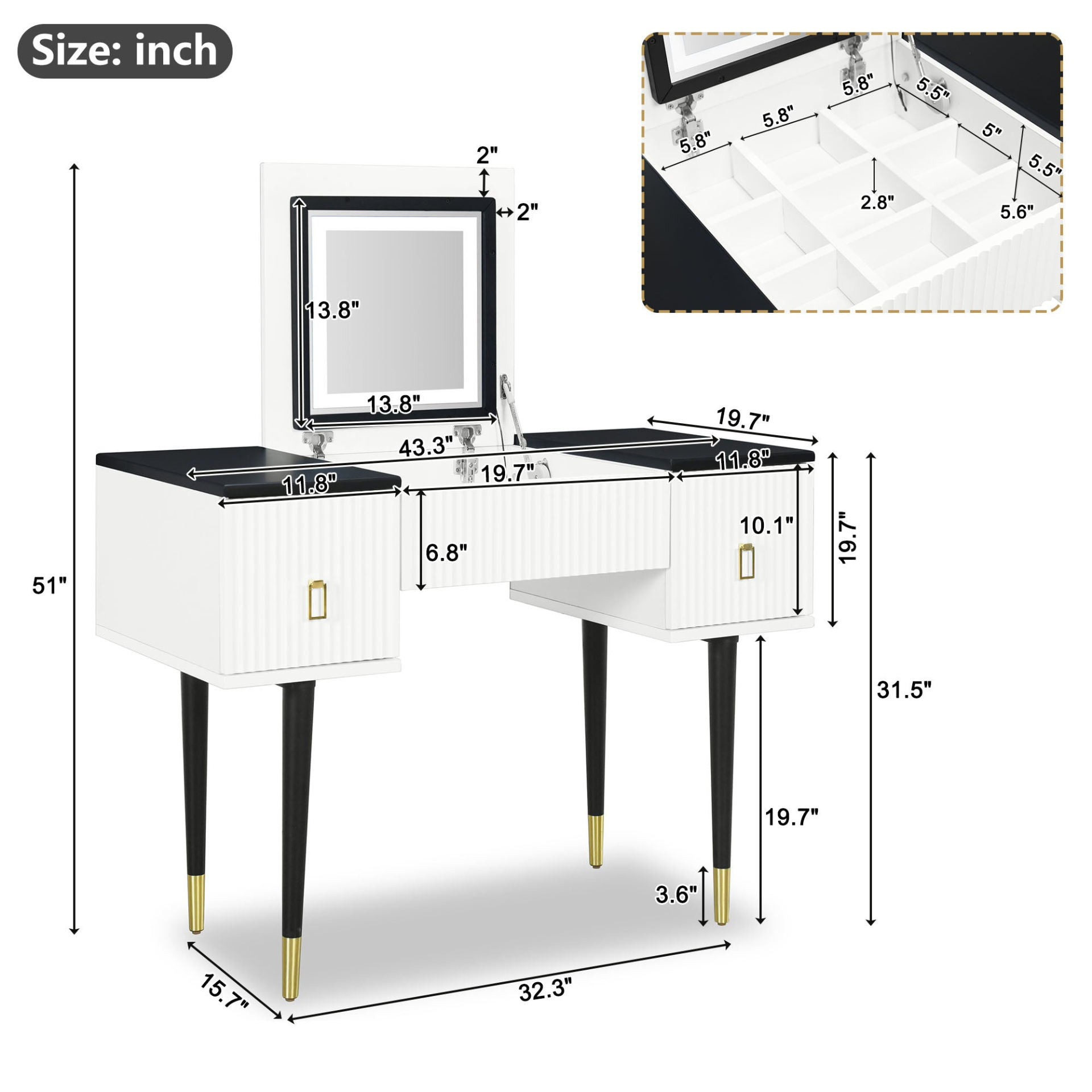 [product_type] | 43.3" Modern Vanity Table Set with Flip-top Mirror and LED Light, Dressing Table with Customizable Storage, White and Black | casafoyer.myshopify.com