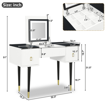 [product_type] | 43.3" Modern Vanity Table Set with Flip-top Mirror and LED Light, Dressing Table with Customizable Storage, White and Black | casafoyer.myshopify.com