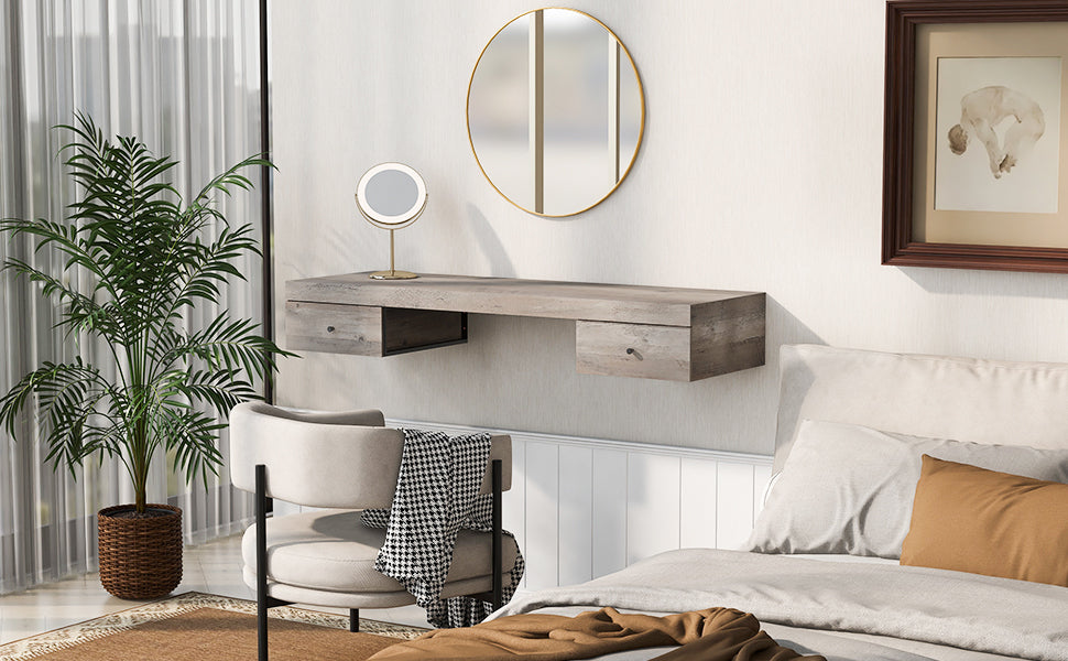 DRESSER | Wall-mounted Vanity Desk, Floating Vanity Shelf with Drawers, Dressing Table With Wooden Sticker,Computer Table Desk, Home Office Desk, Log Gray | casafoyer.myshopify.com