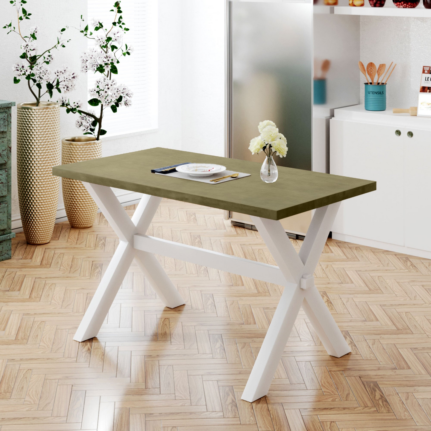 Dining Table | Farmhouse Rustic Wood Kitchen Dining Table with X-shape Legs, Gray Green | casafoyer.myshopify.com