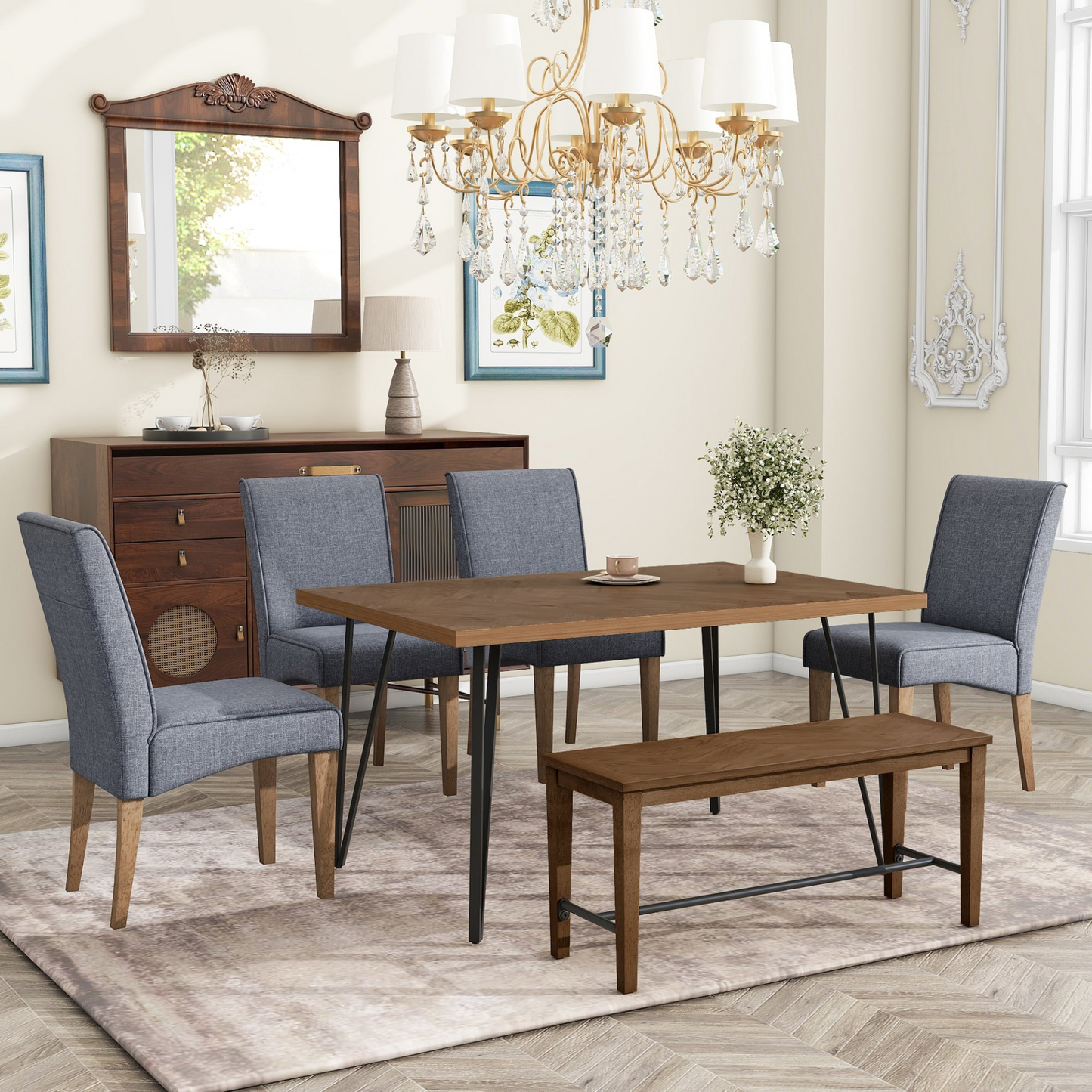 Dining Table | Modern 6-Piece Dining Table Set with V-Shape Metal Legs, Wood Kitchen Table Set with 4 Upholstered Chairs and Bench for 6, Brown | casafoyer.myshopify.com