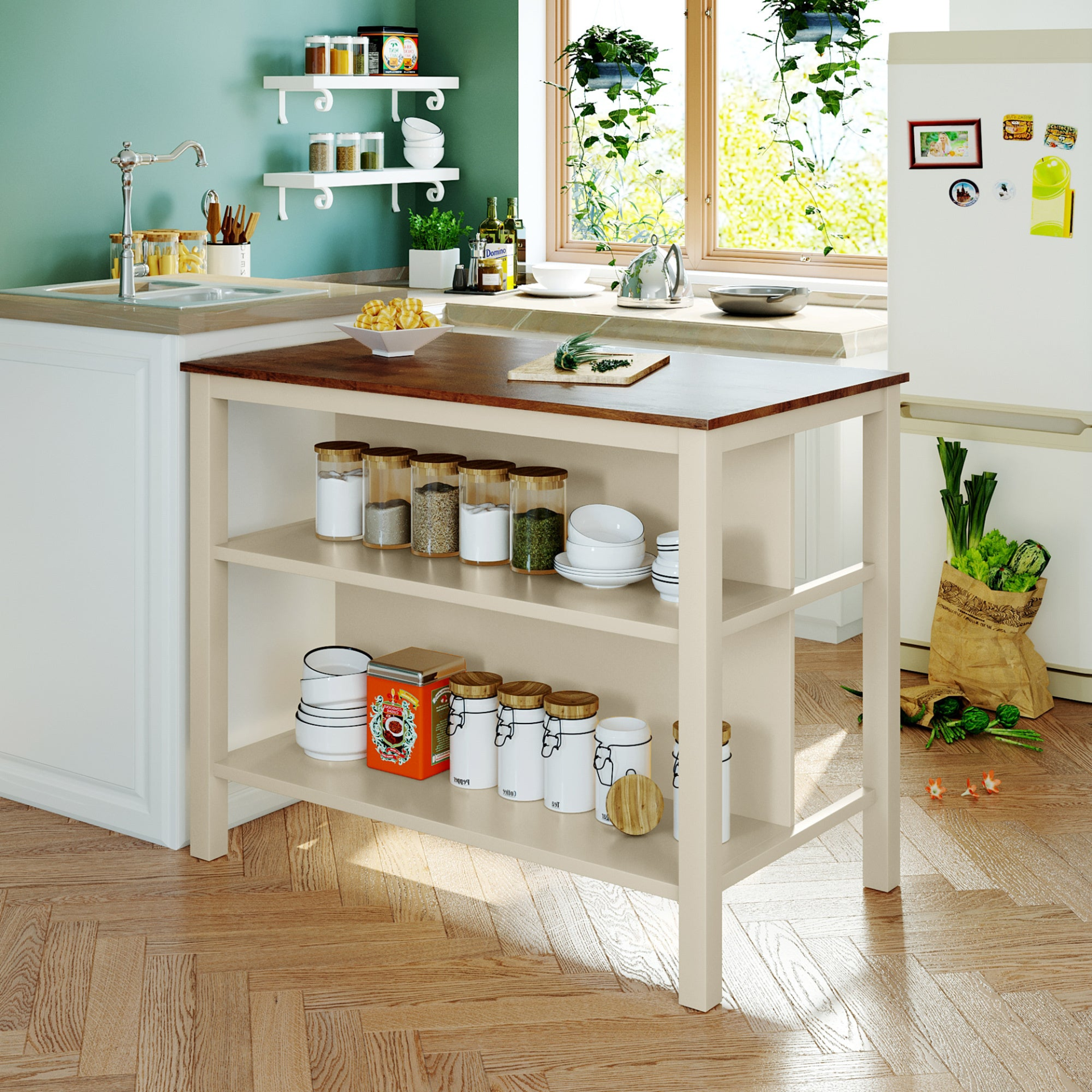 Dining Table | Solid Wood Rustic 45 Stationary Kitchen Island, Rubber Wood Butcher Block Dining Table Prep Table with 2 Open Shelves for Small Places,Walnut+Cream White | casafoyer.myshopify.com