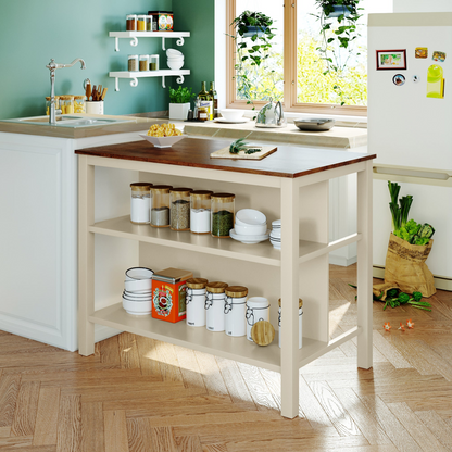 Dining Table | Solid Wood Rustic 45 Stationary Kitchen Island, Rubber Wood Butcher Block Dining Table Prep Table with 2 Open Shelves for Small Places,Walnut+Cream White | casafoyer.myshopify.com
