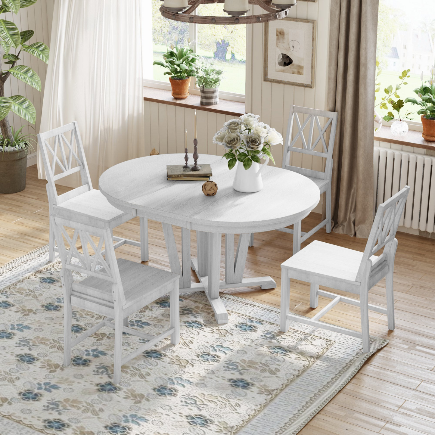 Dining Table | Rustic 5-Piece Extendable Dining Table Set Round Trestle Table and 4 Cross Back Dining Chairs for Kitchen, Dining Room, Gray | casafoyer.myshopify.com