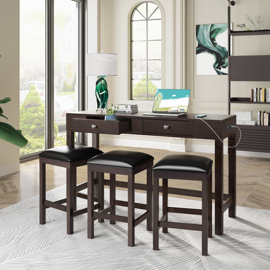 TABLE | 4-Piece Counter Height Table Set with Socket and Leather Padded Stools, Espresso | casafoyer.myshopify.com