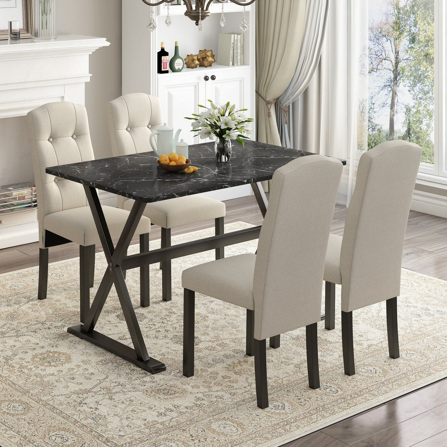 Dining Table | Solid Wood 5-Piece Dining Table Set with Faux Marble Tabletop and Upholstered Dining Chairs for 4, Black+Beige | casafoyer.myshopify.com