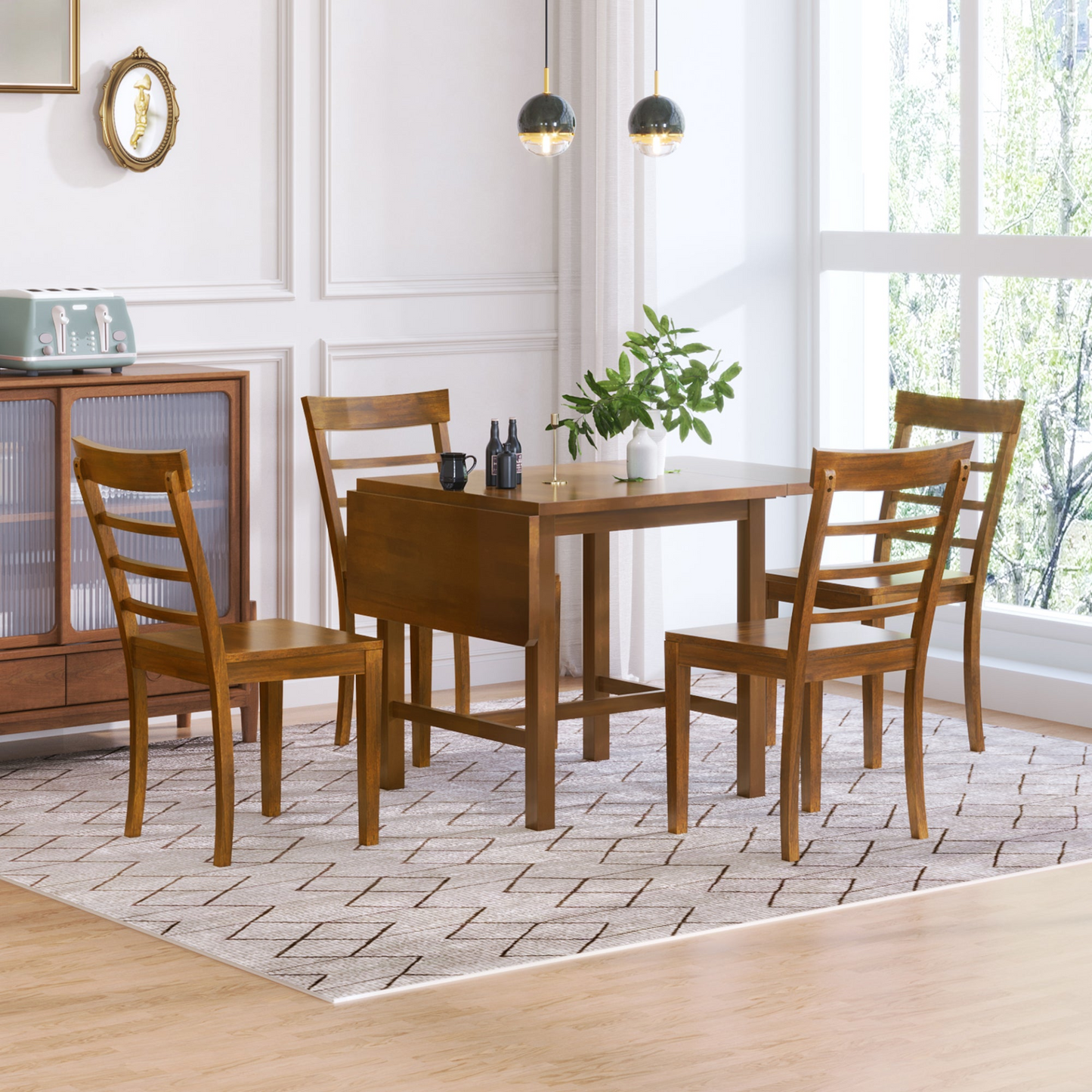 Dining Table | 5-Piece Wood Square Drop Leaf Breakfast Nook Extendable Dining Table Set with 4 Ladder Back Chairs, Brown | casafoyer.myshopify.com