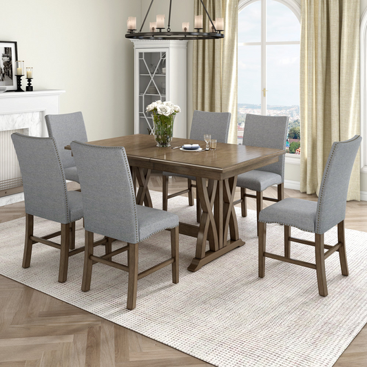 Dining Table | Mid-Century Solid Wood 7-Piece Dining Table Set Extendable Kitchen Table Set with Upholstered Chairs and 12inch Leaf for 6, Golden Brown+Gray Cushion | casafoyer.myshopify.com