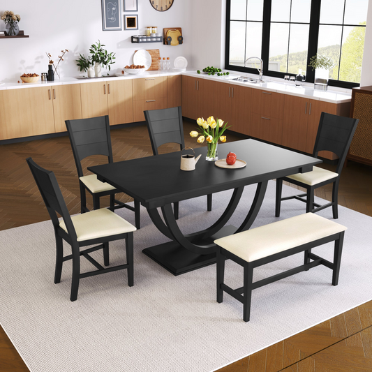 Dining Table | 6-Piece Wood Half Round Dining Table Set Kitchen Table Set with Long Bench and 4 Dining Chairs, Modern Style, Gray | casafoyer.myshopify.com