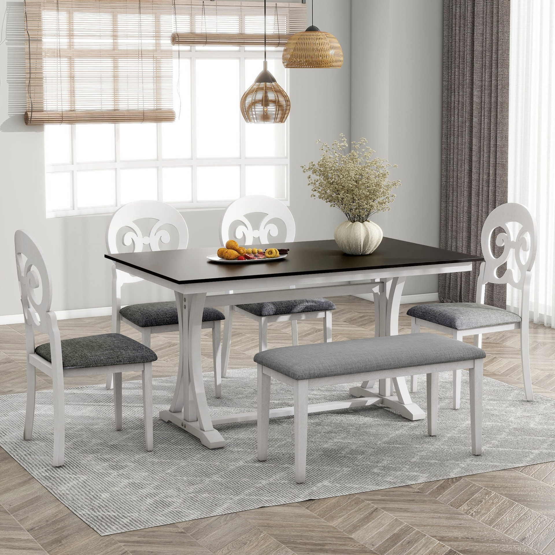 Dining Table | Mid-Century 6-Piece Trestle Table Set with Victorian Round Upholstered Dining Chairs and Long Bench, Gray+Antique White | casafoyer.myshopify.com