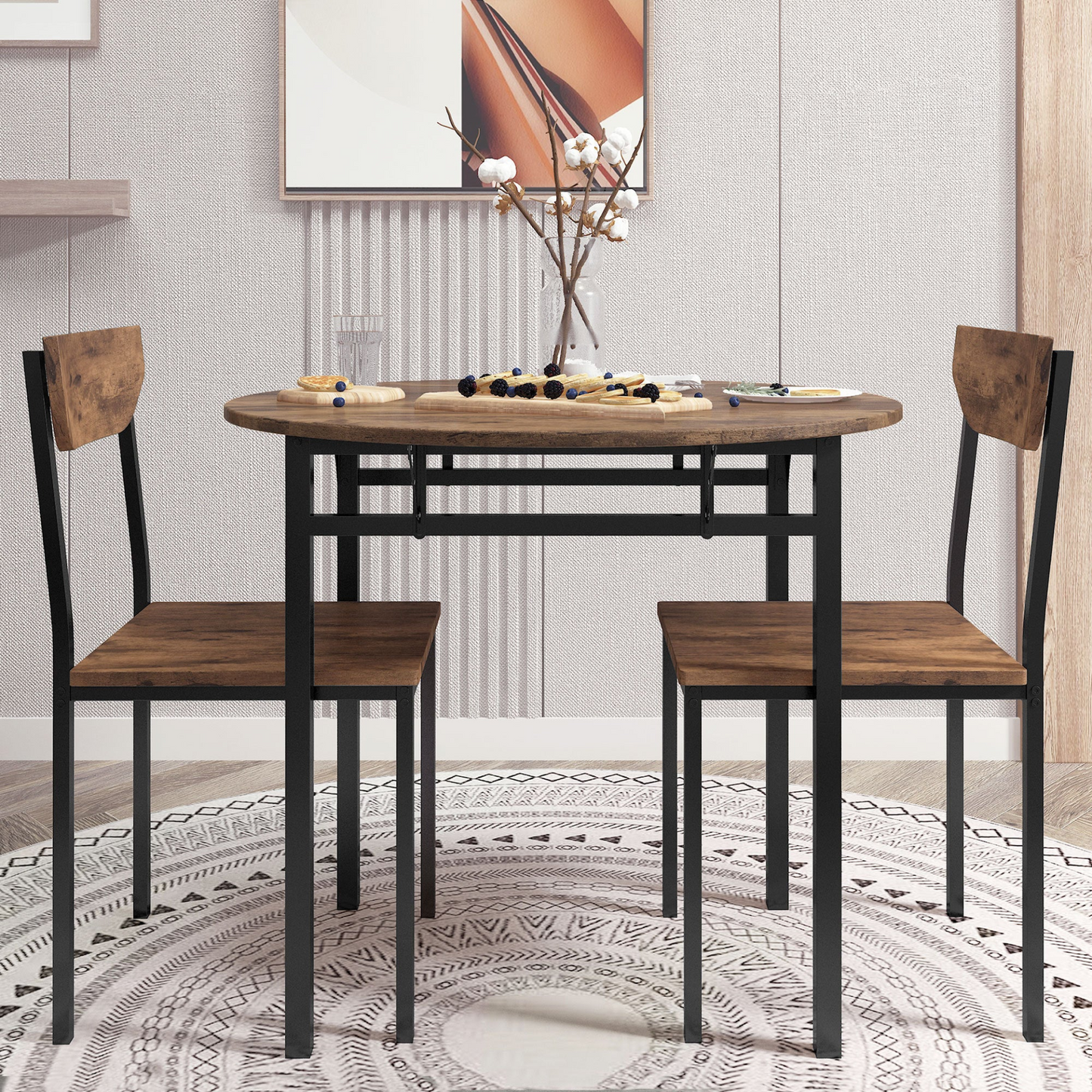 Dining Table | Modern 3-Piece Round Dining Table Set | Small Spaces | Black Frame+Rustic Brown Finish | casafoyer.myshopify.com