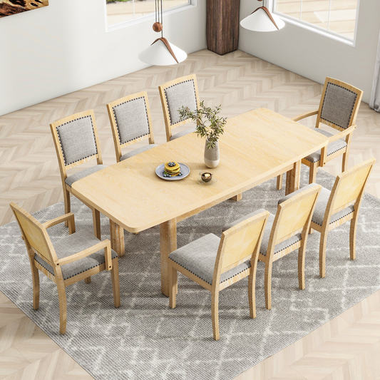 Dining Table | Rustic Extendable 84inch Dining Table Set with 24inch Removable Leaf , 6 Upholstered Armless Dining Chairs and 2 Padded Arm Chairs, 9 Pieces, Natural | casafoyer.myshopify.com